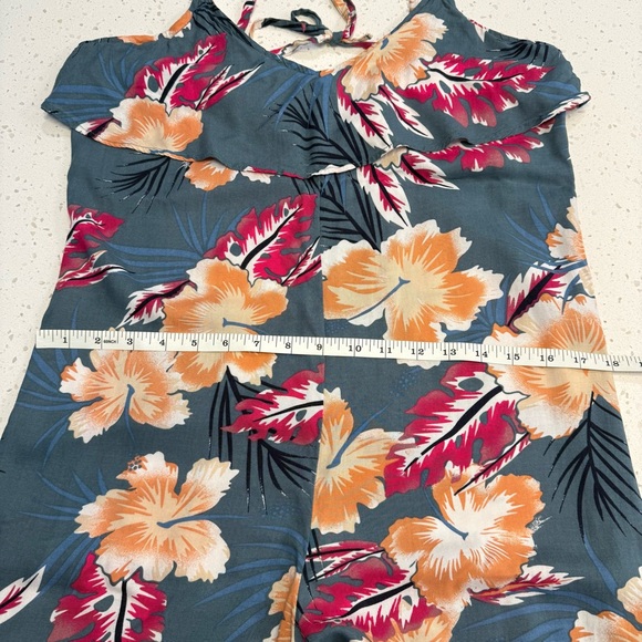 Roxy Tropical Floral Ruffle Wide Leg Jumpsuit Open Back Green Peach Womens Small - Picture 10 of 13